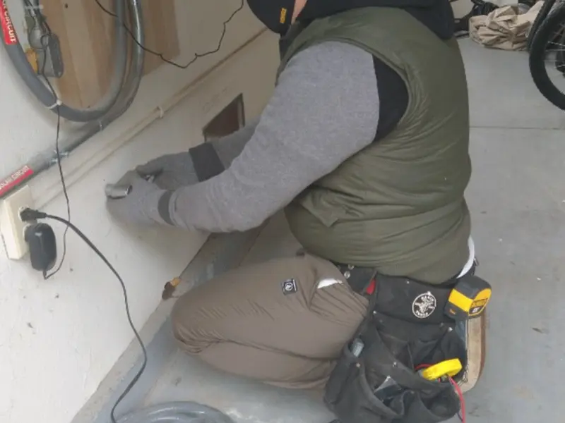 Electrician performing outlet wiring in a Upper Macungie garage